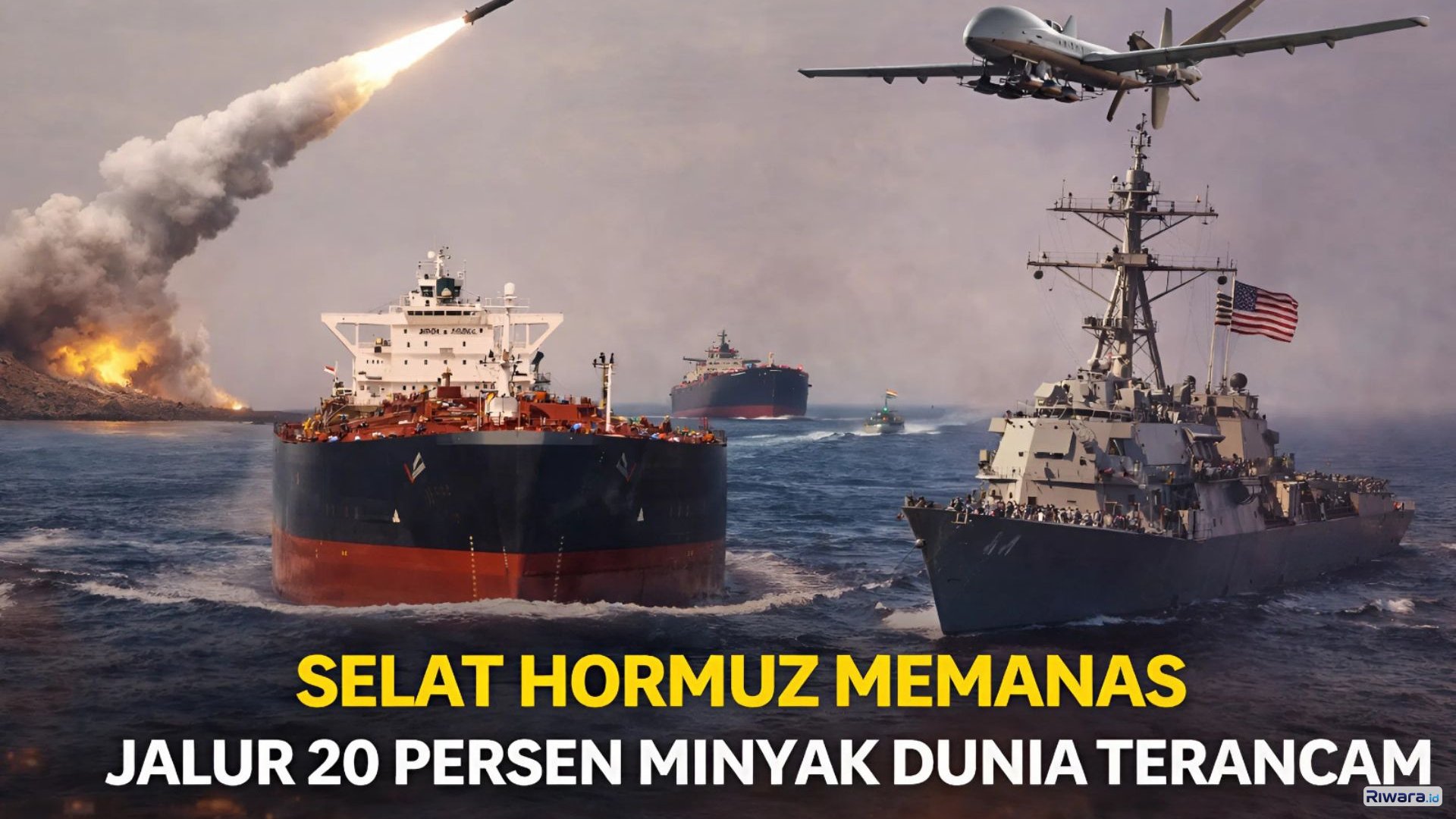 Ilusrasi Kapal tanker melintas di Selat Hormuz, jalur strategis yang dilalui sekitar 20 persen perdagangan minyak dunia. Ketegangan konflik Iran dengan Amerika Serikat dan Israel memicu kekhawatiran gangguan pasokan energi global.
